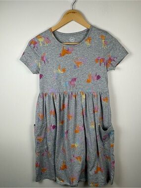 Wonder Nation Girls Gray Unicorn Dress, Size Large (10-12), Pockets, Casual